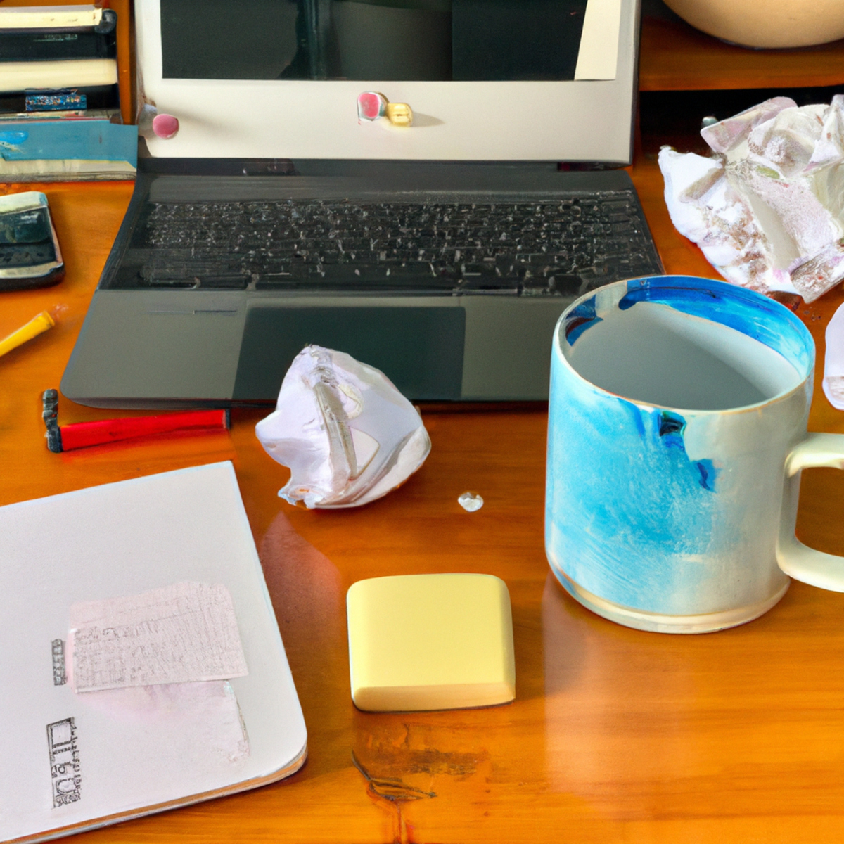 Mindful worker's desk: papers, coffee, laptop, phone, stress ball. Despite clutter, a sense of calm and focus.