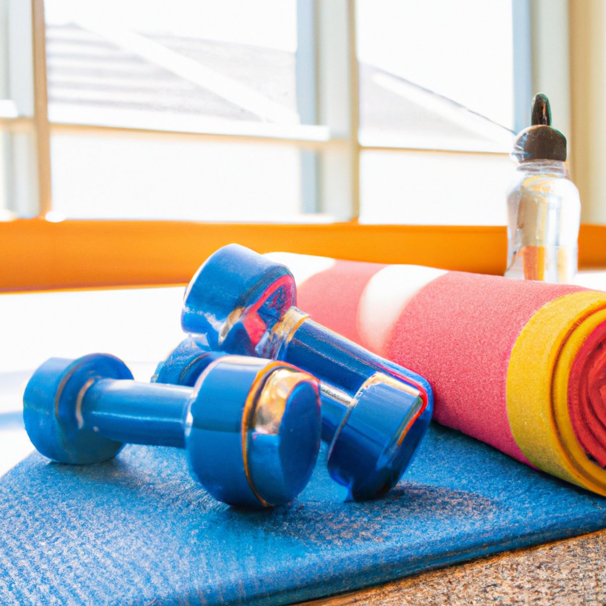 The photo features a set of colorful dumbbells arranged neatly on a yoga mat, with a water bottle and towel placed beside them. The background shows a bright and airy fitness studio, with large windows letting in natural light. The objects in the photo suggest a focus on strength training and hydration, emphasizing the importance of staying active and healthy as we age, particularly for senior exercises and fitness. The lifelike quality of the photo makes it easy to imagine oneself in the same space, ready to embark on a fitness journey tailored to senior exercises and fitness goals.