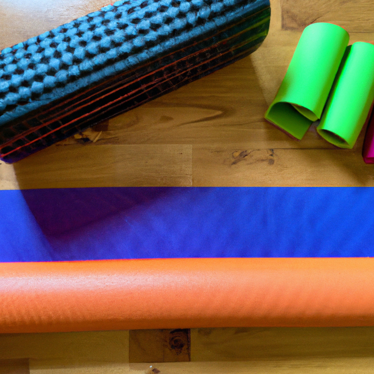 The photo features a set of colorful resistance bands, a foam roller, and a yoga mat arranged neatly on a hardwood floor, all geared towards senior exercises and fitness. The bands, designed specifically for seniors, are stretched out in different lengths, ready for use in a variety of exercises targeting strength and flexibility. The foam roller, known for its therapeutic benefits, is positioned in the center of the frame, its textured surface inviting viewers to imagine the relief it could provide for sore muscles often experienced by seniors. The yoga mat, tailored to accommodate the needs of older individuals, is rolled up and placed to the side, hinting at the potential for a calming yoga practice designed to enhance balance and stability. The overall composition of the photo suggests a sense of order and intentionality, reflecting the importance of thoughtful exercise for seniors with joint pain and the recognition of their specific fitness requirements.