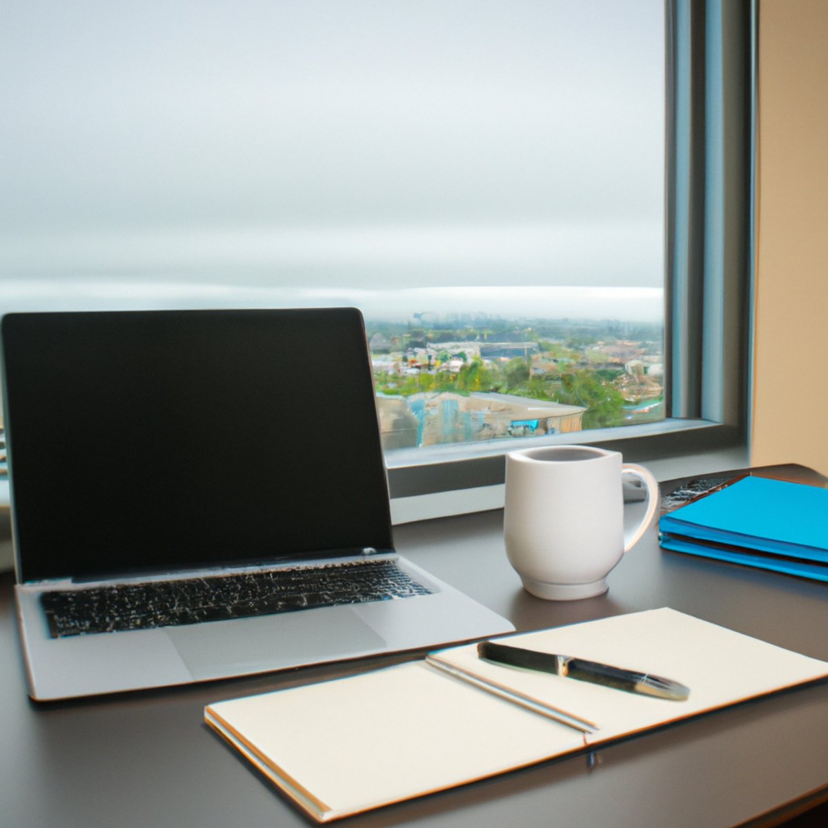 Stress management tips for busy professionals - Organized desk with laptop, notebook, pen, and coffee. City skyline view. Busy professional's life with a sense of calm and balance.