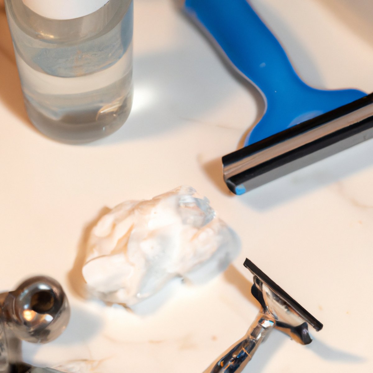 Who says natural skin care routines can't be manly? This countertop may be cluttered, but with an alcohol-free aftershave and a clean razor, you'll be looking and feeling your best in no time.