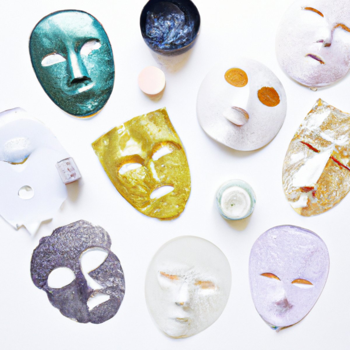 Assorted face masks in vibrant colors and textures, displayed elegantly on a white background, promoting multi-masking for radiant skin.