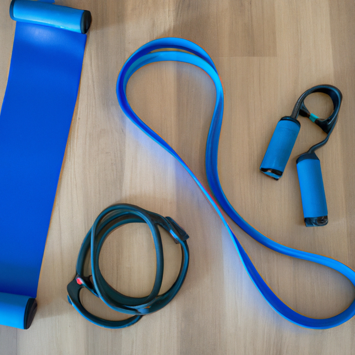 The photo depicts a neatly arranged set of workout equipment on a wooden floor. In the center of the frame, a resistance band is stretched taut between two sturdy metal handles. The band is a vibrant shade of blue, and its texture is visible in the photo, with small ridges running along its length. To the left of the band, a set of dumbbells is arranged in ascending order, with the smallest weight at the front and the largest at the back. The dumbbells are made of shiny metal and have black rubber grips. To the right of the band, a yoga mat is rolled out, its surface a deep purple color. The mat is slightly textured, with a pattern of small dots visible in the photo. In the background, a large window lets in natural light, casting a warm glow over the scene. The photo is inviting and suggests that the viewer could easily set up a similar workout space in their own home.