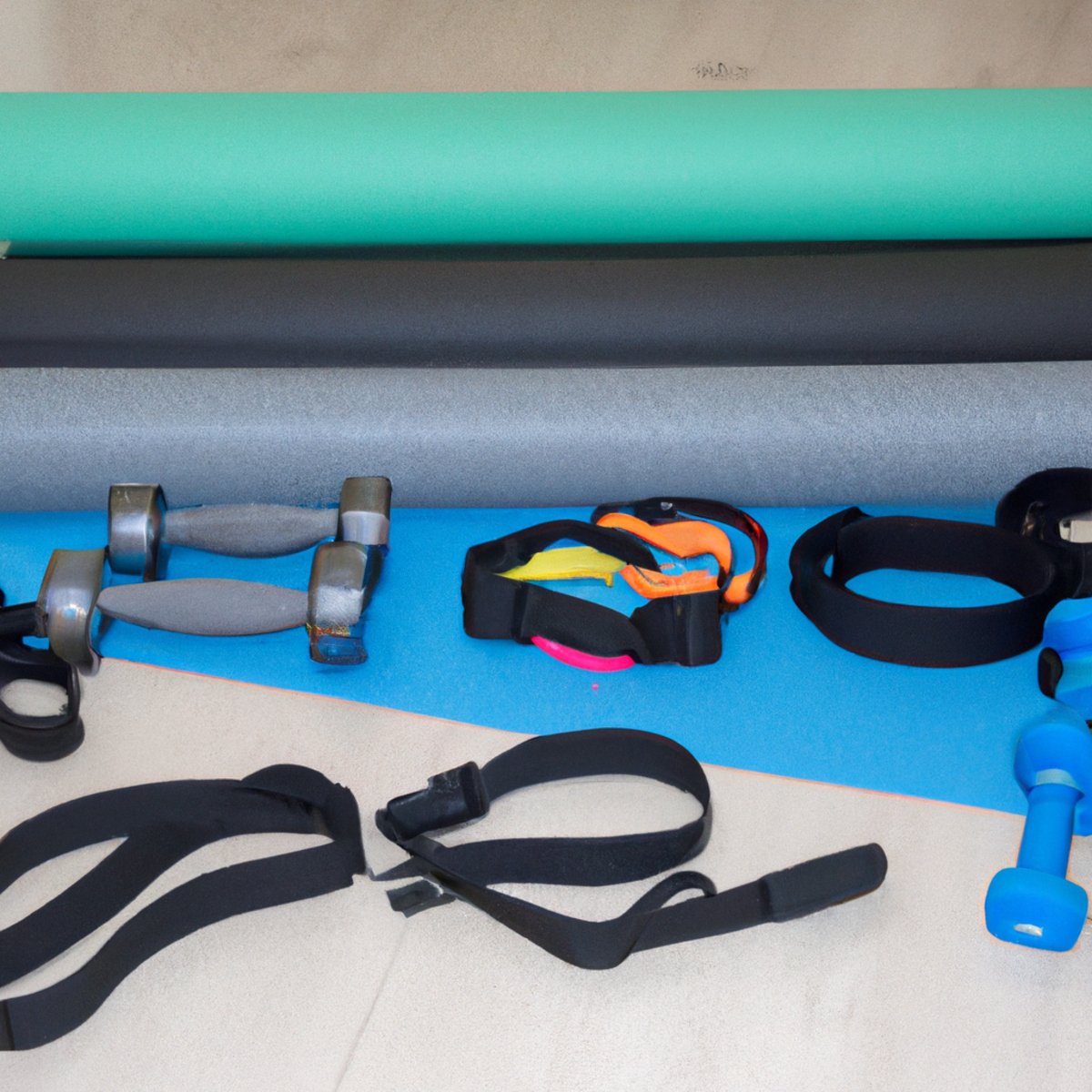 The photo shows a set of dumbbells, a resistance band, and a yoga mat laid out on the floor. The dumbbells are of different weights, ranging from light to heavy, and are placed neatly in a row. The resistance band is stretched out and attached to a door handle, ready for use. The yoga mat is rolled out and positioned in front of the dumbbells and resistance band, indicating that it is the designated workout area. The lighting in the photo is bright and natural, highlighting the texture and details of the objects. Overall, the photo conveys a sense of readiness and accessibility for beginners looking to start their resistance training journey.