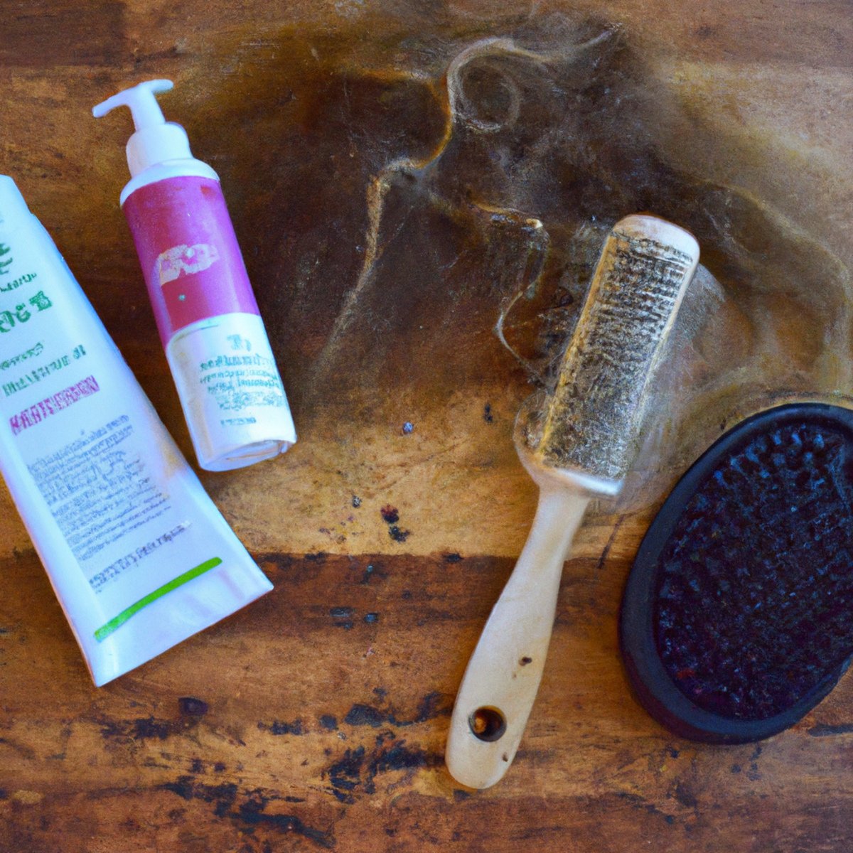 Hair care products on wooden table with worn brush, deep conditioner, hair oil, wide-tooth comb, leave-in conditioner, and person in background.