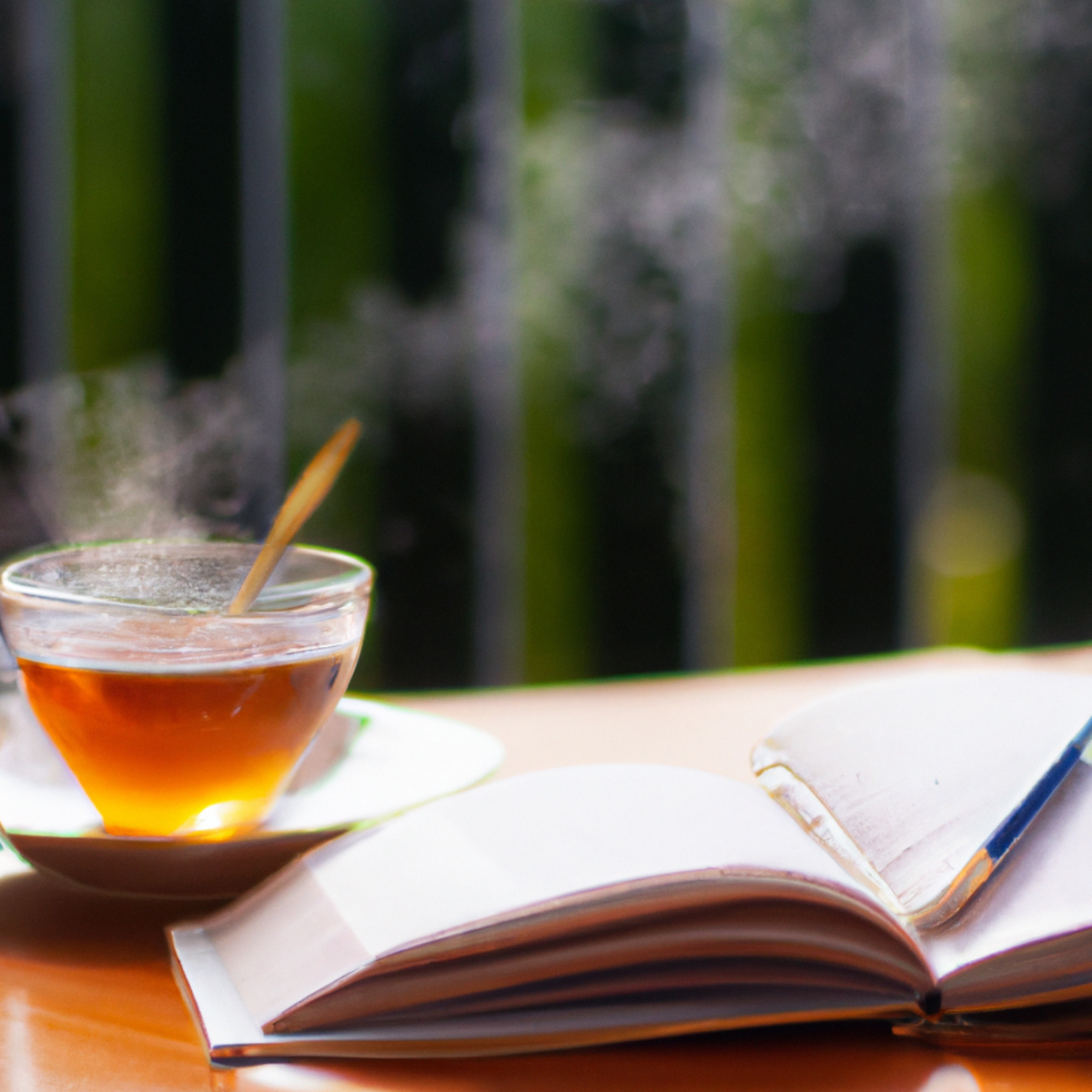 A serene scene of tea, book, journal, and pen on a wooden table, representing stress management and relaxation techniques.