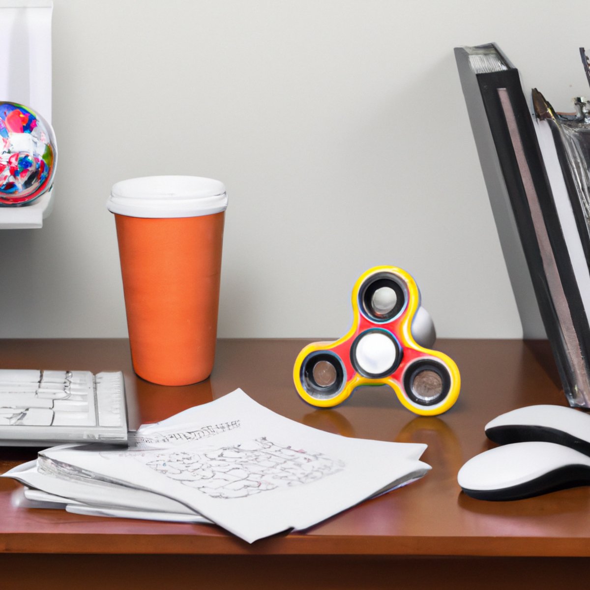 Cluttered desk with stress ball, fidget spinner, and self-help books suggests high job stress and need for stress management.