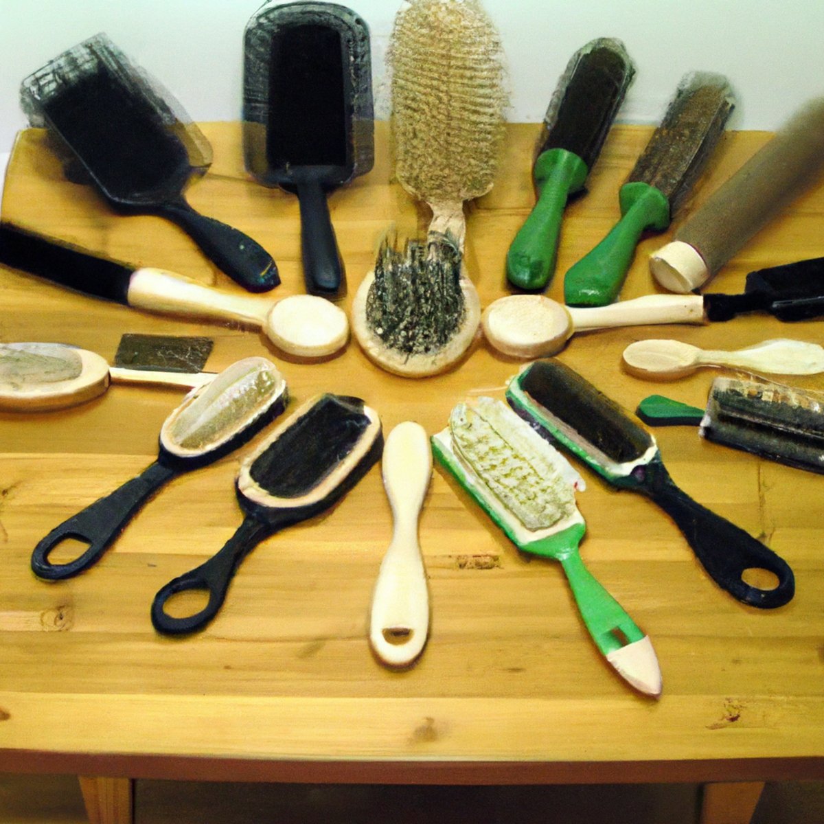 Assorted hairbrushes and hair care products on a wooden table, emphasizing the importance of choosing the right brush for different hair types.