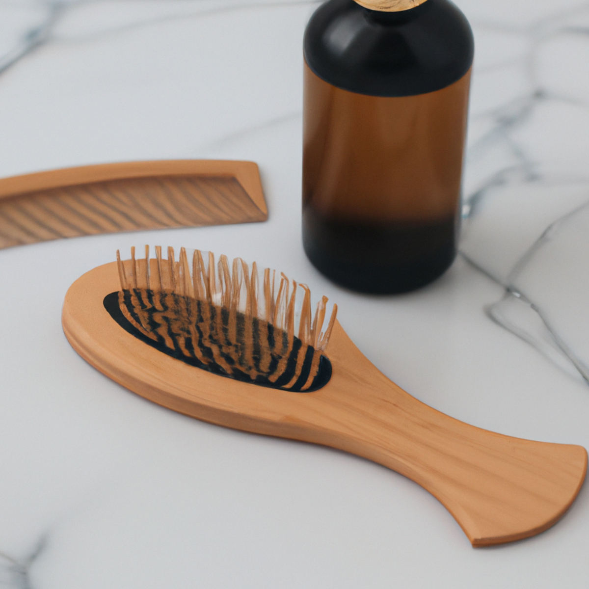 Hair care essentials for men with thinning hair: wooden comb, hair growth serum, and soft-bristled brush on marble countertop.