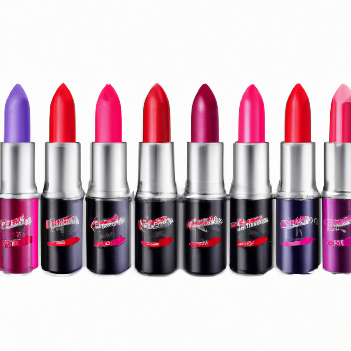 Vibrant array of bold lip colors arranged meticulously on a sleek white background, showcasing a variety of shades.