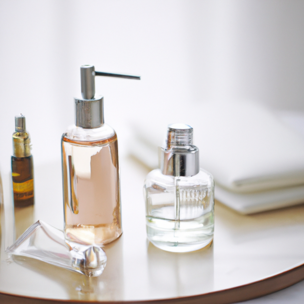 Close-up of beautifully arranged vanity table showcasing skincare products and tools, highlighting textures and finishes. Glass skin vs. dewy skin debate.