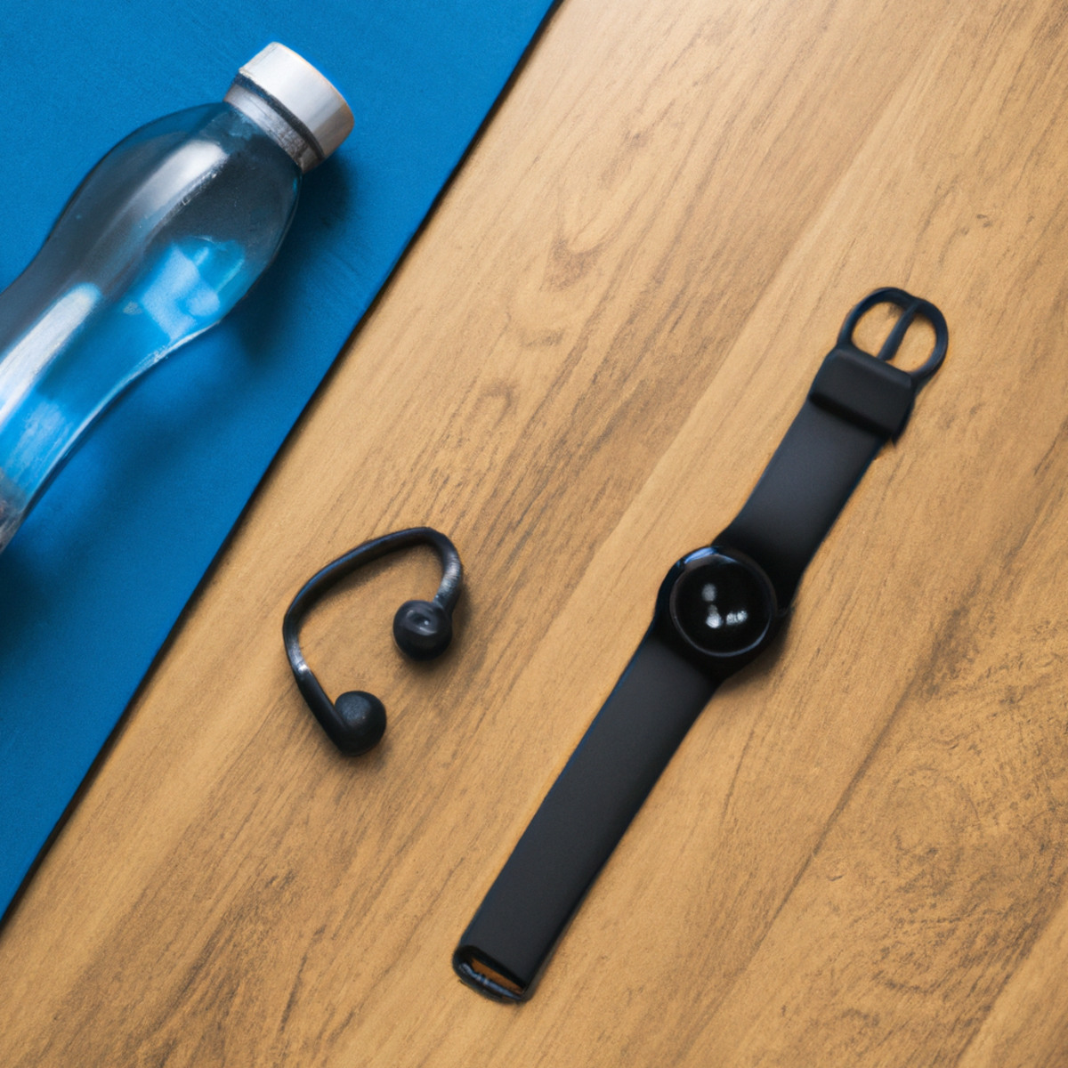 The photo features a sleek Fitness Apps and Wearables fitness tracker watch, a pair of wireless earbuds, a water bottle, and a yoga mat neatly arranged on a wooden floor. The fitness tracker watch displays the user's heart rate and step count, while the earbuds are ready to provide a motivating soundtrack for a workout. The water bottle is filled with refreshing water, encouraging hydration during exercise, and the yoga mat is rolled up and ready for a calming yoga session. The photo captures the essence of a healthy and active lifestyle, showcasing the essential tools needed to achieve fitness goals.