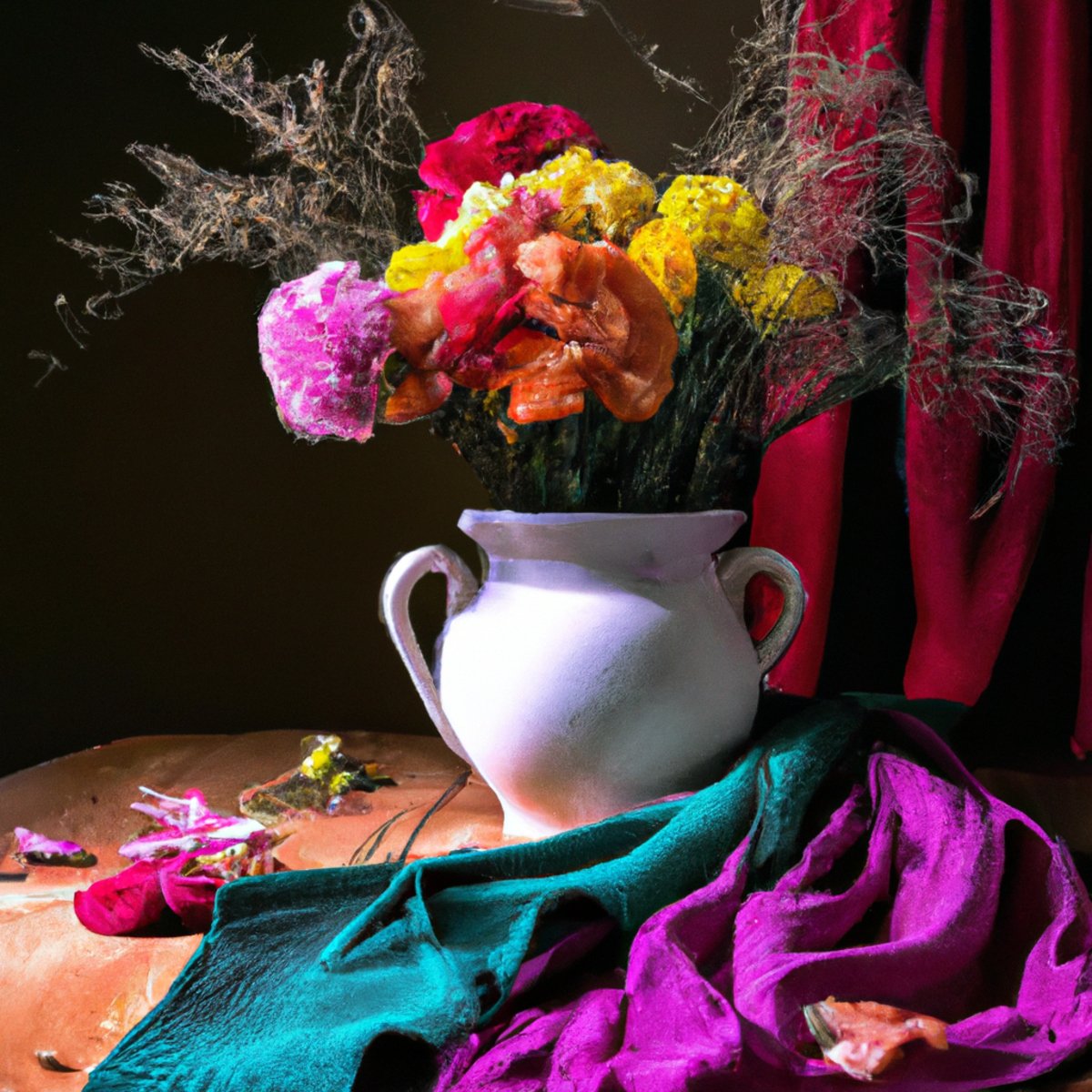 A still life photo of a wooden table with a vase of vibrant flowers, fruit bowl, stack of books, and cup of coffee - Natural Stress Relief.