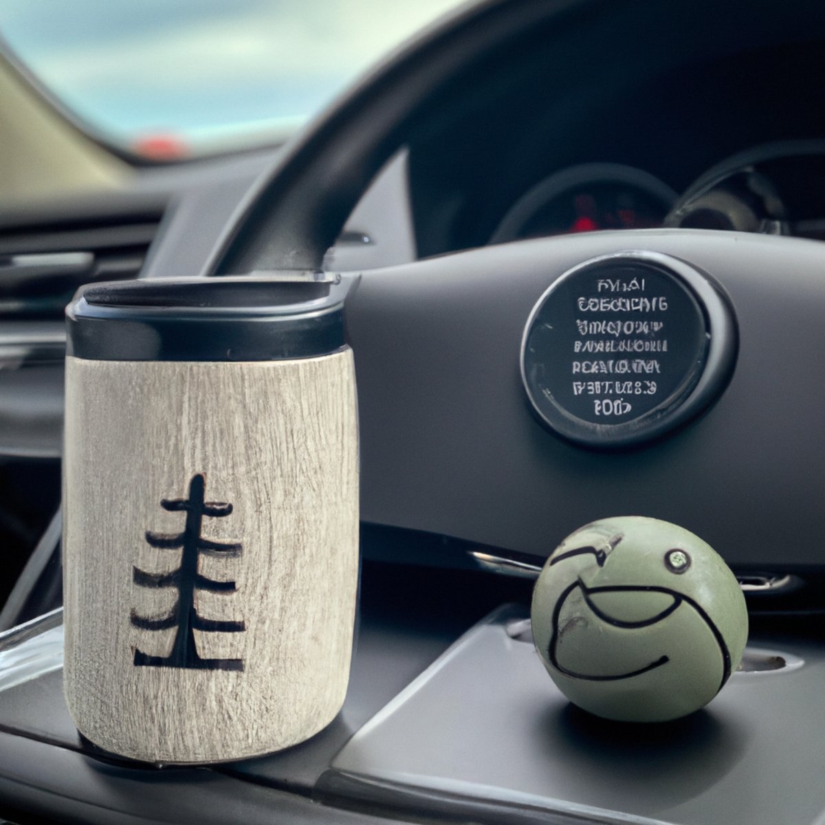 Commuter dashboard with coffee, stress ball, and essential oil diffuser - effective stress management strategies for busy highways.