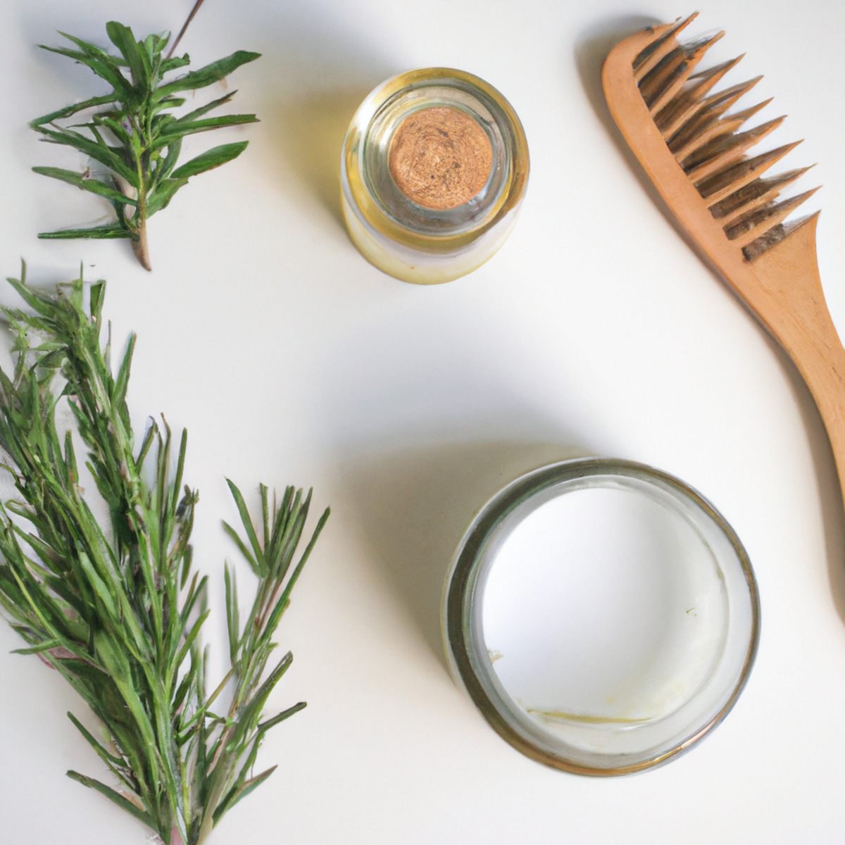 How to promote hair growth naturally - Natural hair care essentials: wooden comb, coconut oil, shea butter, and rosemary sprigs.