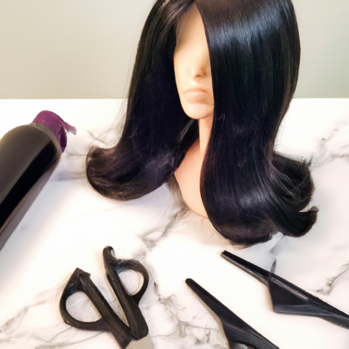 Trending hairstyles for 2023 - Black bob wig and hair styling tools on white marble countertop. Hair serum and hairspray in background. Modern and sophisticated vibe.