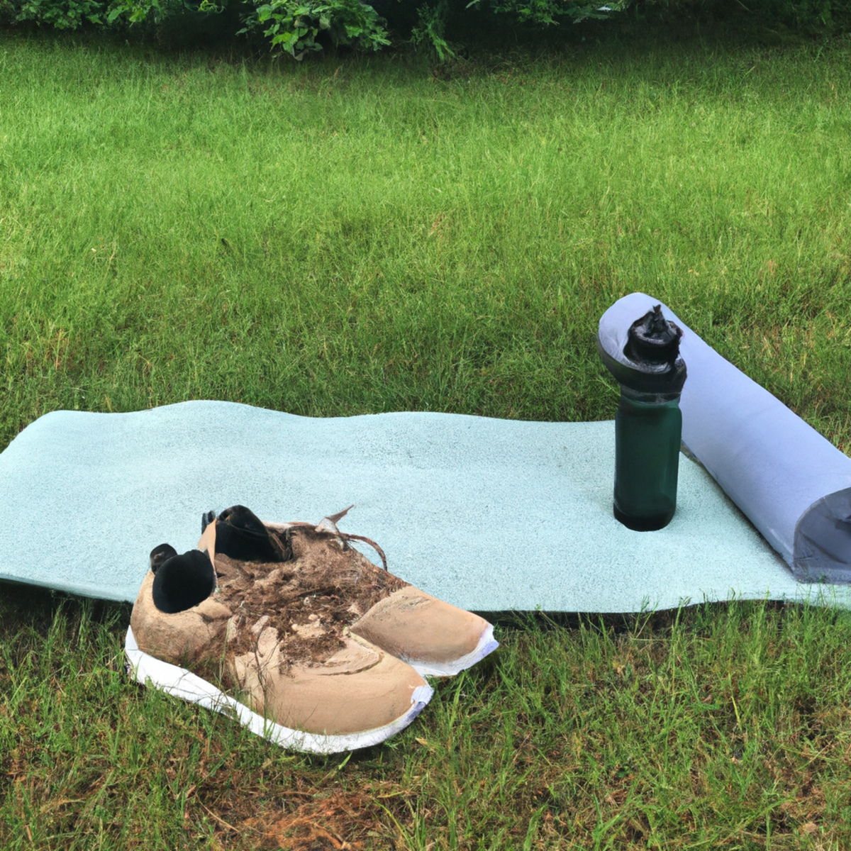 Yoga mat, water bottle, towel, and running shoes on green lawn. Encourages exercise for stress management.