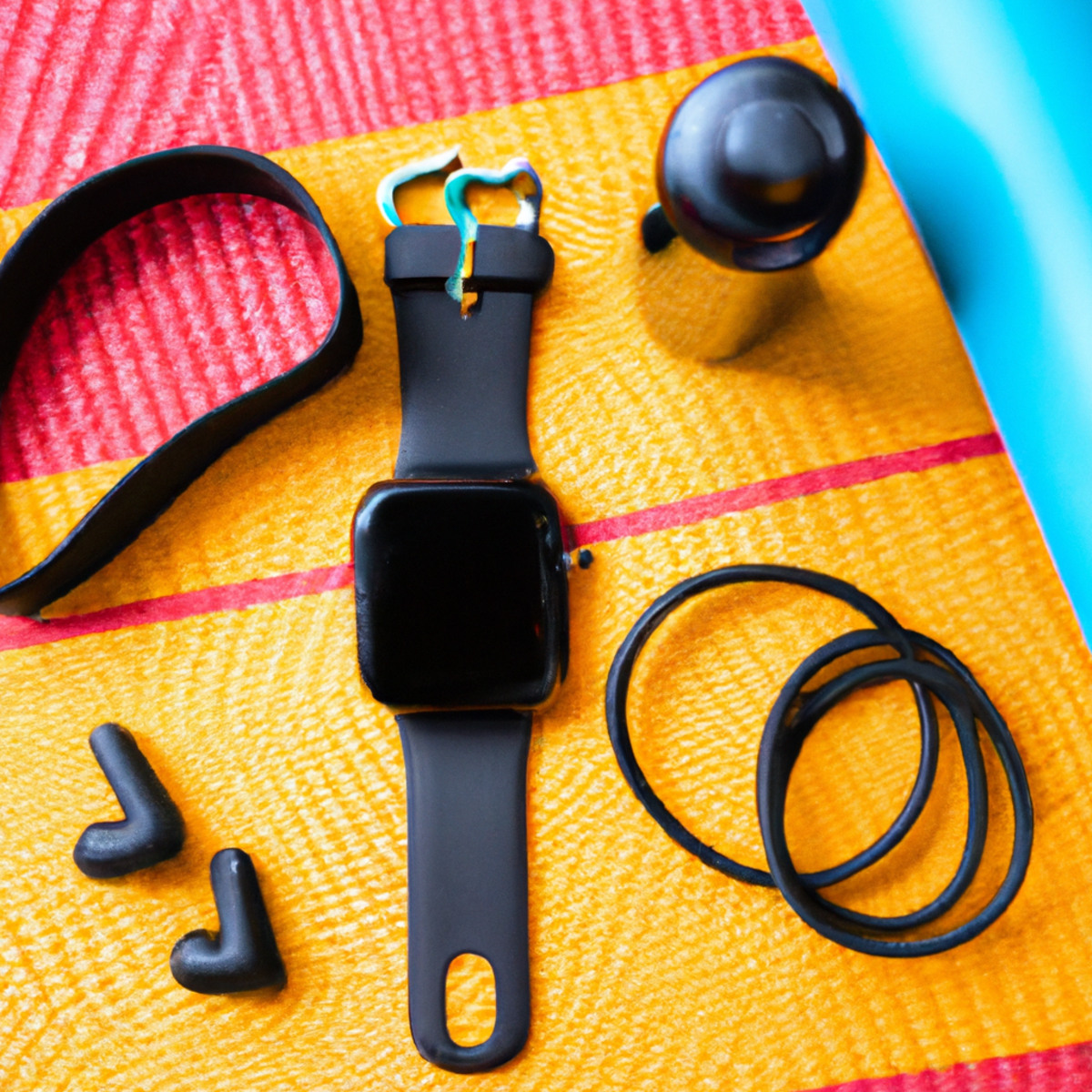 The photo features a sleek black fitness tracker watch, representing the latest in Fitness Apps and Wearables, resting on top of a yoga mat, surrounded by a pair of wireless earbuds, a water bottle, and a set of resistance bands. The watch, a prime example of a cutting-edge wearable device, displays a heart rate monitor and step count, providing real-time data for the user's fitness journey. The earbuds are connected to a smartphone, which showcases a popular fitness app, highlighting the integration of technology into fitness routines. The vibrant colors of the yoga mat and resistance bands add a pop of energy to the otherwise monochromatic scene, further emphasizing the importance of both technology and physical activity in achieving a healthy lifestyle.