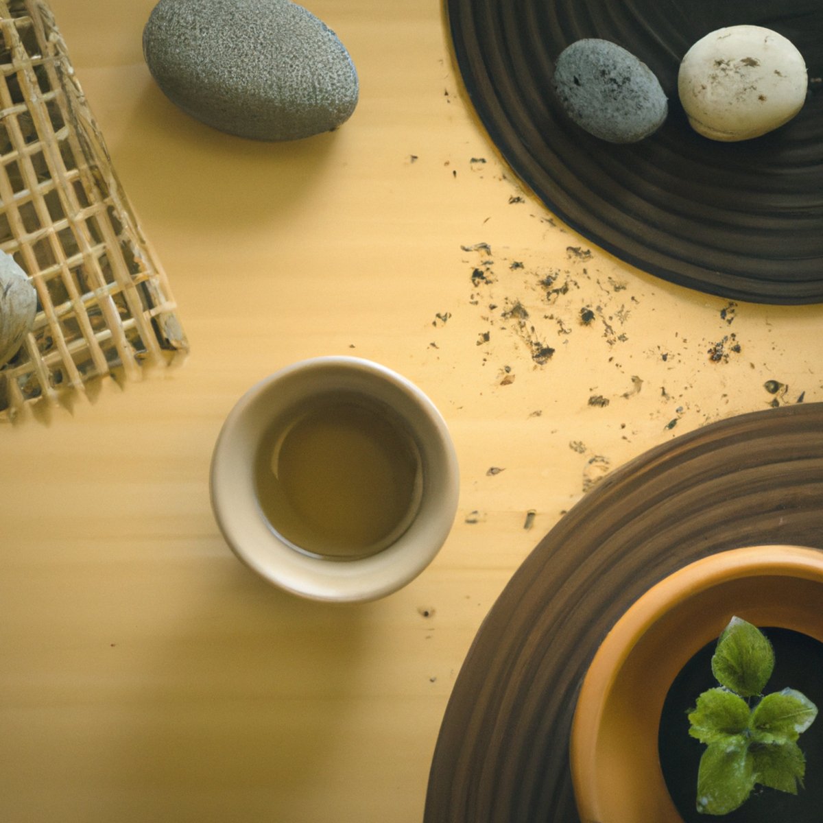 Mindfulness For Stress Reduction - A peaceful scene of a table with a plant, tea, book, and pen, inviting reflection and connection with nature.