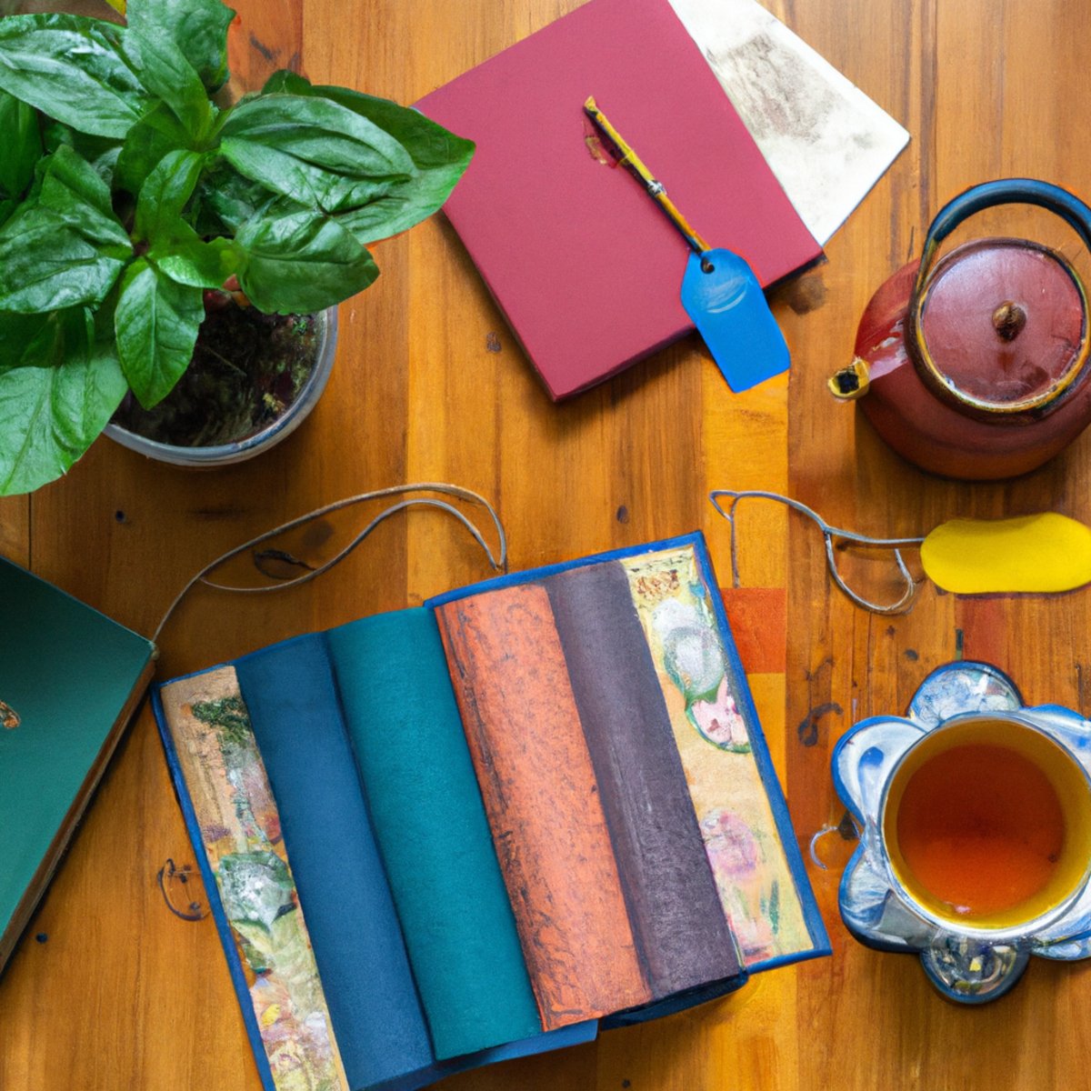 A calming scene of a wooden table with a potted plant, books, tea, and journal, promoting holistic stress management.