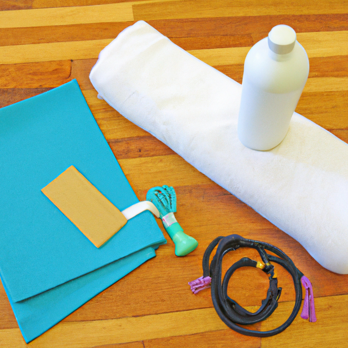 The photo captures a serene scene of a yoga mat laid out on a wooden floor, surrounded by various objects that enhance the practice. A foam block and a strap are placed on the mat, ready to assist in stretches and poses. A water bottle and a towel sit nearby, reminding the practitioner to stay hydrated and comfortable. In the background, a large window lets in natural light, creating a peaceful and calming atmosphere. The simplicity of the objects in the photo highlights the focus on the mind-body connection that yoga and Pilates promote.