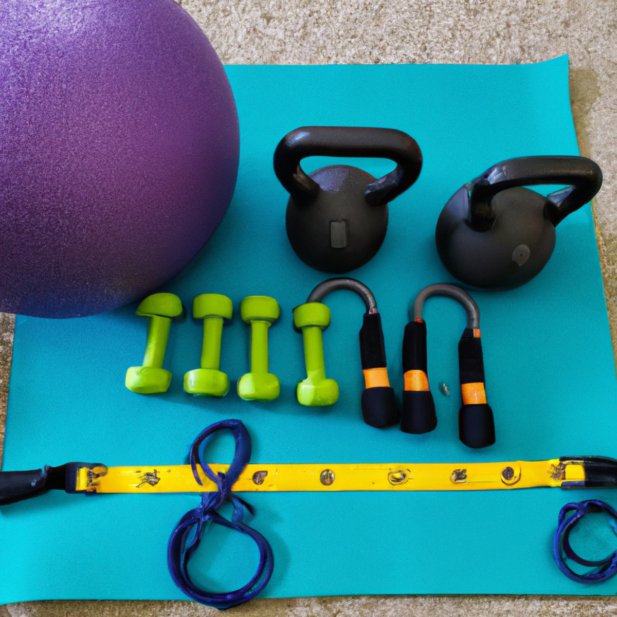 The photo captures a set of objects arranged neatly on a yoga mat. In the center, there is a pair of dumbbells, each weighing 5 pounds, with their handles facing upwards. To the left, there is a resistance band, stretched out and ready for use. On the right, there is a small medicine ball, weighing 8 pounds, with a textured surface for better grip. In the background, there is a foam roller, used for self-massage and stretching. The lighting is bright and natural, highlighting the vibrant colors of the objects and creating a sense of energy and motivation. The photo invites the reader to try out the bodyweight exercises described in the article, using these simple yet effective tools to burn fat and build endurance.
