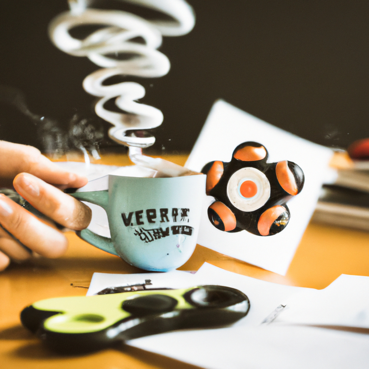 Stress Management In The Workplace - Cluttered desk with coffee, notes, stress ball, fidget spinner, and papers, highlighting high-stress work environment.