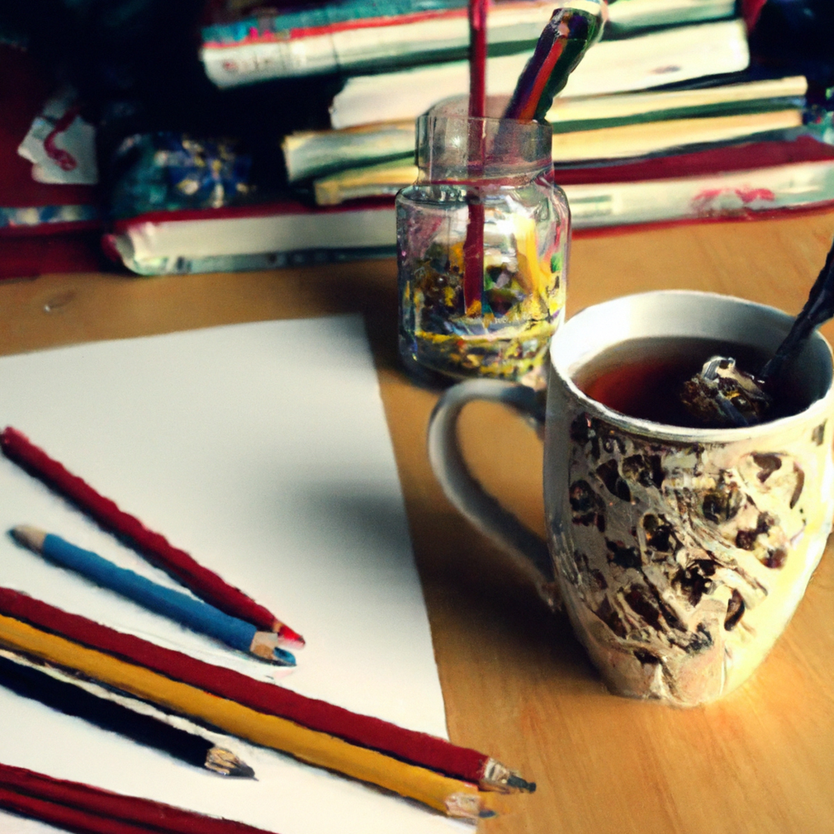 Coloring book, pencils, tea, and plant create a relaxing and creative stress management environment.