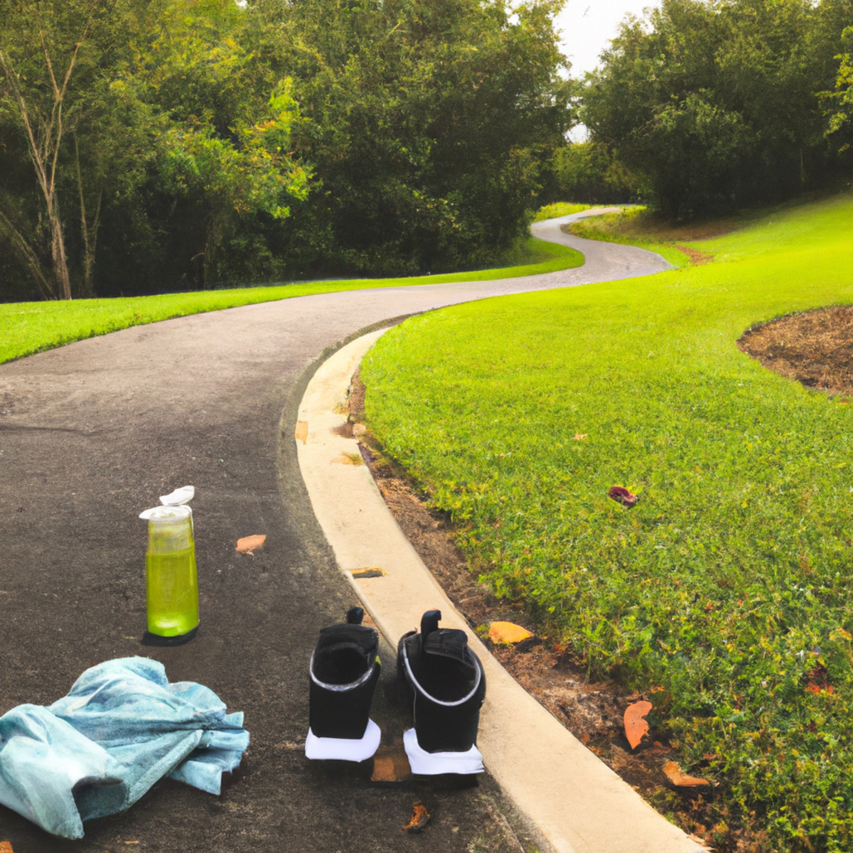 The photo captures a scenic view of a lush green park with a winding path in the foreground. In the center of the frame, there is a pair of running shoes placed on the ground, indicating the start of a cardio workout. A water bottle and a sweat towel are placed next to the shoes, suggesting that the person is well-prepared for the exercise. In the background, there are people jogging, cycling, and doing various other outdoor activities, creating a vibrant and energetic atmosphere. The photo perfectly encapsulates the essence of the article, inspiring readers to step out and get their heart pumping with the best cardio workouts in the great outdoors.