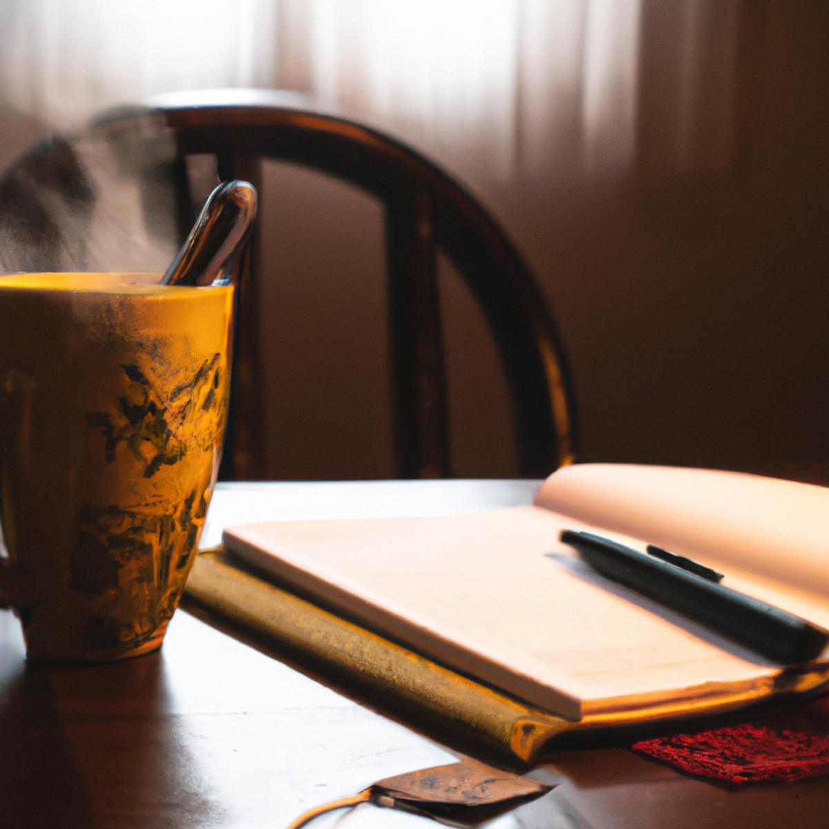 Cozy wooden table with tea, journal, and pen, promoting mindfulness and self-care through reflection and stress management.