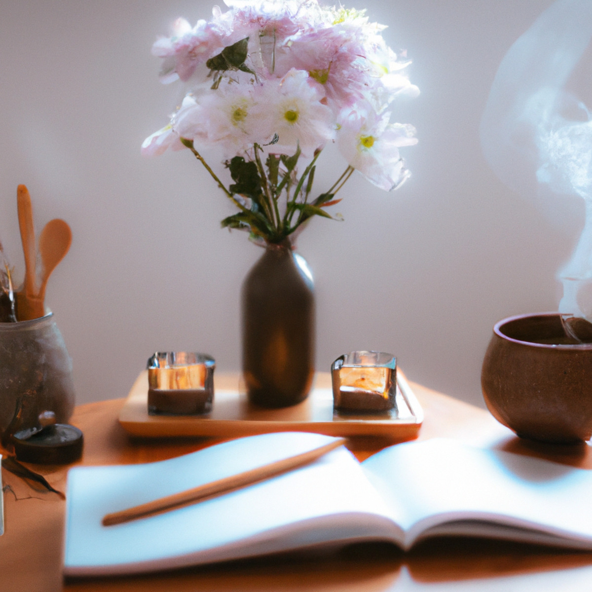 Mindful table setup with tea, flowers, book, journal, and diffuser, promoting stress management through mindfulness.