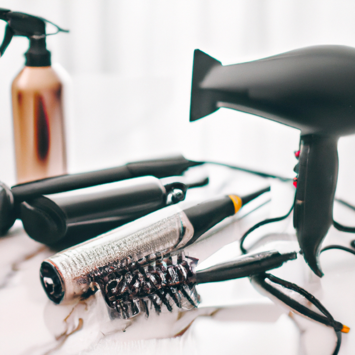 Trending hairstyles for 2023 - Hair styling tools and products arranged neatly on a white marble countertop, suggesting a professional stylist's work.