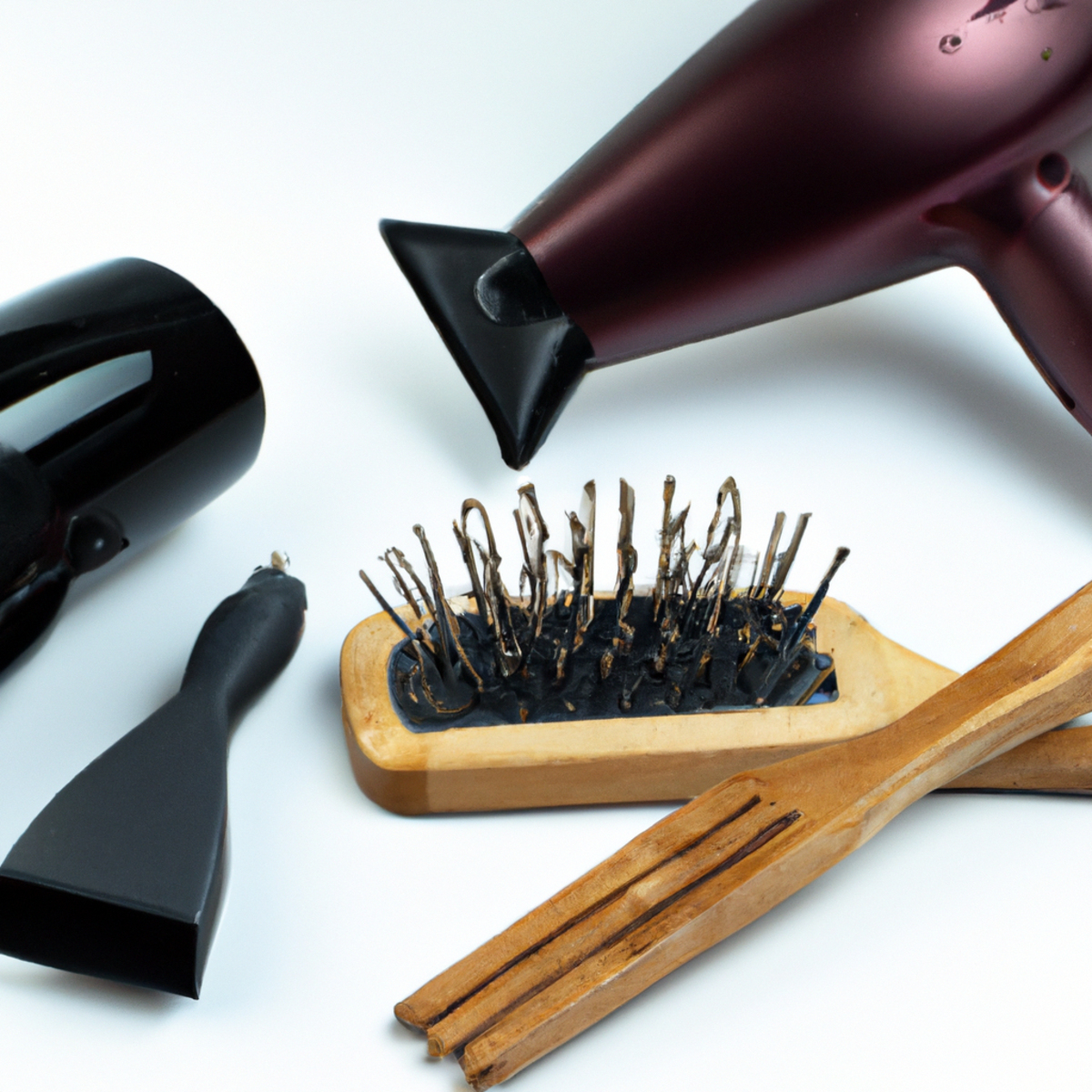 Hair care products and tools on a wooden vanity table, with damaged hair in the foreground.