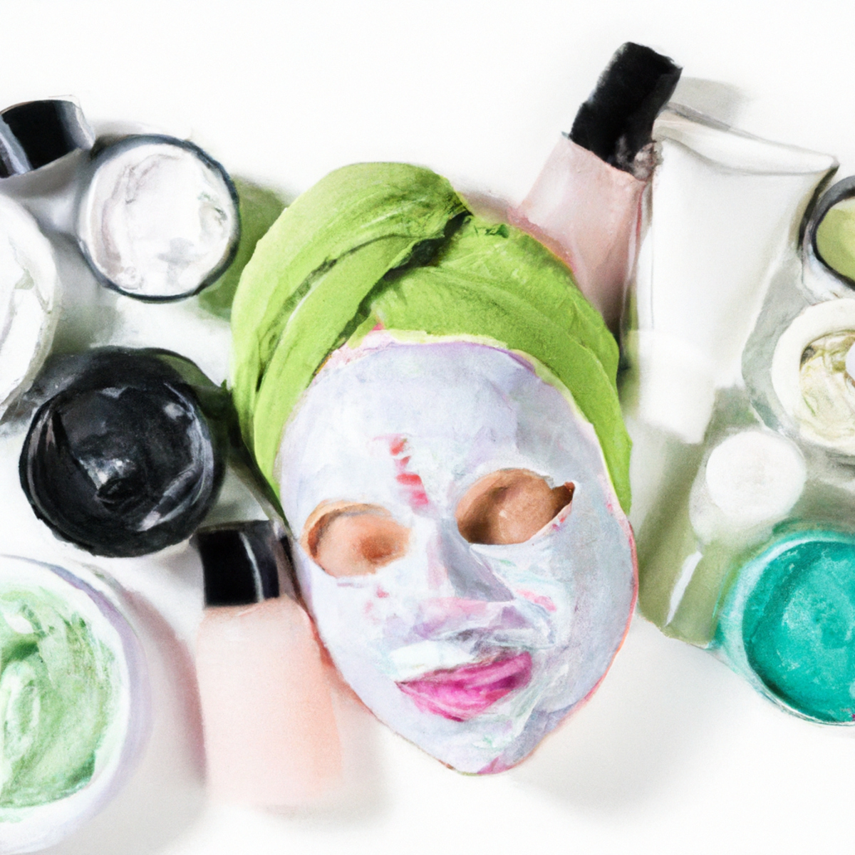 Vibrant multi-masking products and tools on a clean white background, enticing readers to unlock their skin's potential.