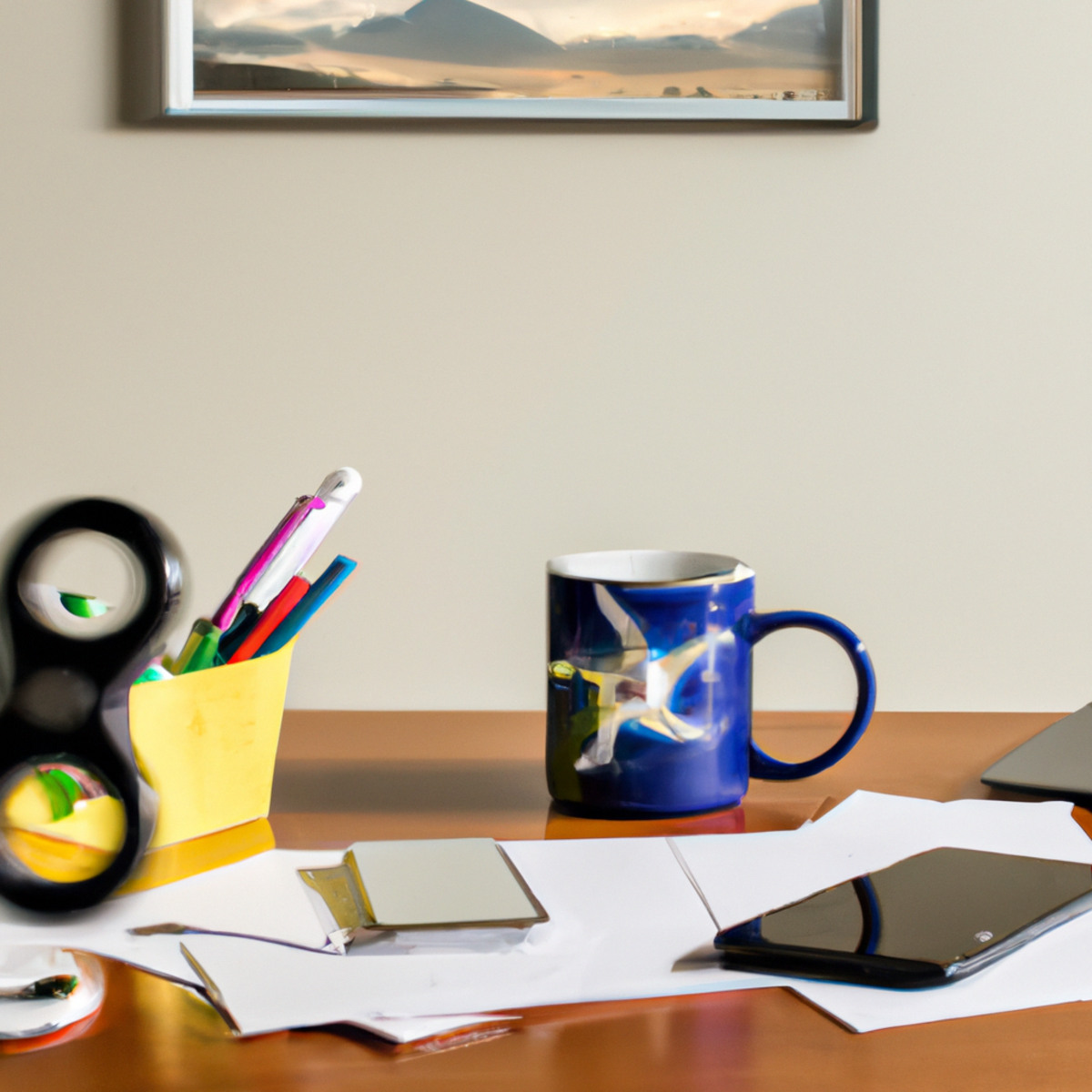 Stress management tips for busy professionals - Cluttered desk with laptop, phone, papers, stress ball, fidget spinner, and half-empty coffee mug. Serene landscape photo on wall.