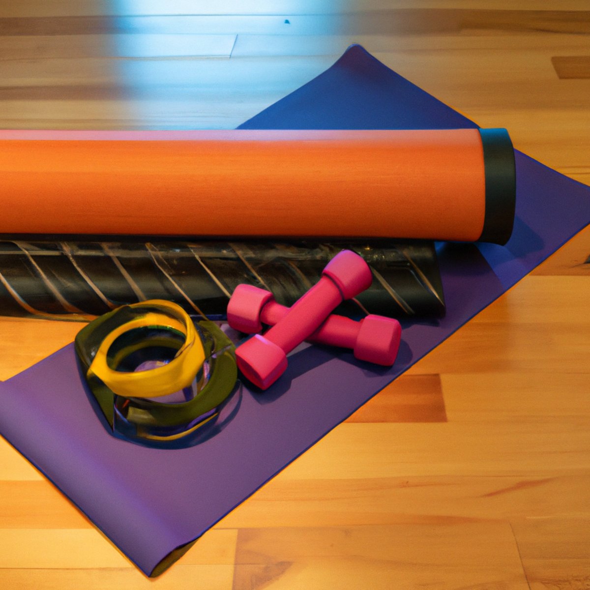 The photo features a set of dumbbells, a resistance band, a yoga mat, and a foam roller arranged neatly on a wooden floor, specifically designed for senior exercises and fitness. The dumbbells are of varying weights and are placed on either side of the resistance band, which is coiled up and placed in the center. The yoga mat is rolled up and placed next to the dumbbells, while the foam roller is placed at the end of the mat. The lighting in the photo is bright and natural, highlighting the texture and details of each object. The composition of the photo suggests a sense of order and purpose, inviting the viewer to imagine themselves using these tools to build stronger bones and improve their overall fitness, especially in a senior context.