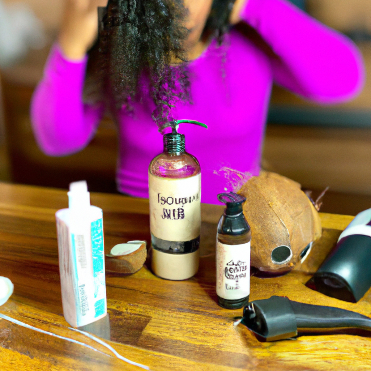 Two curly-haired models use hair products and tools on a wooden table, embracing their natural curls in natural light.