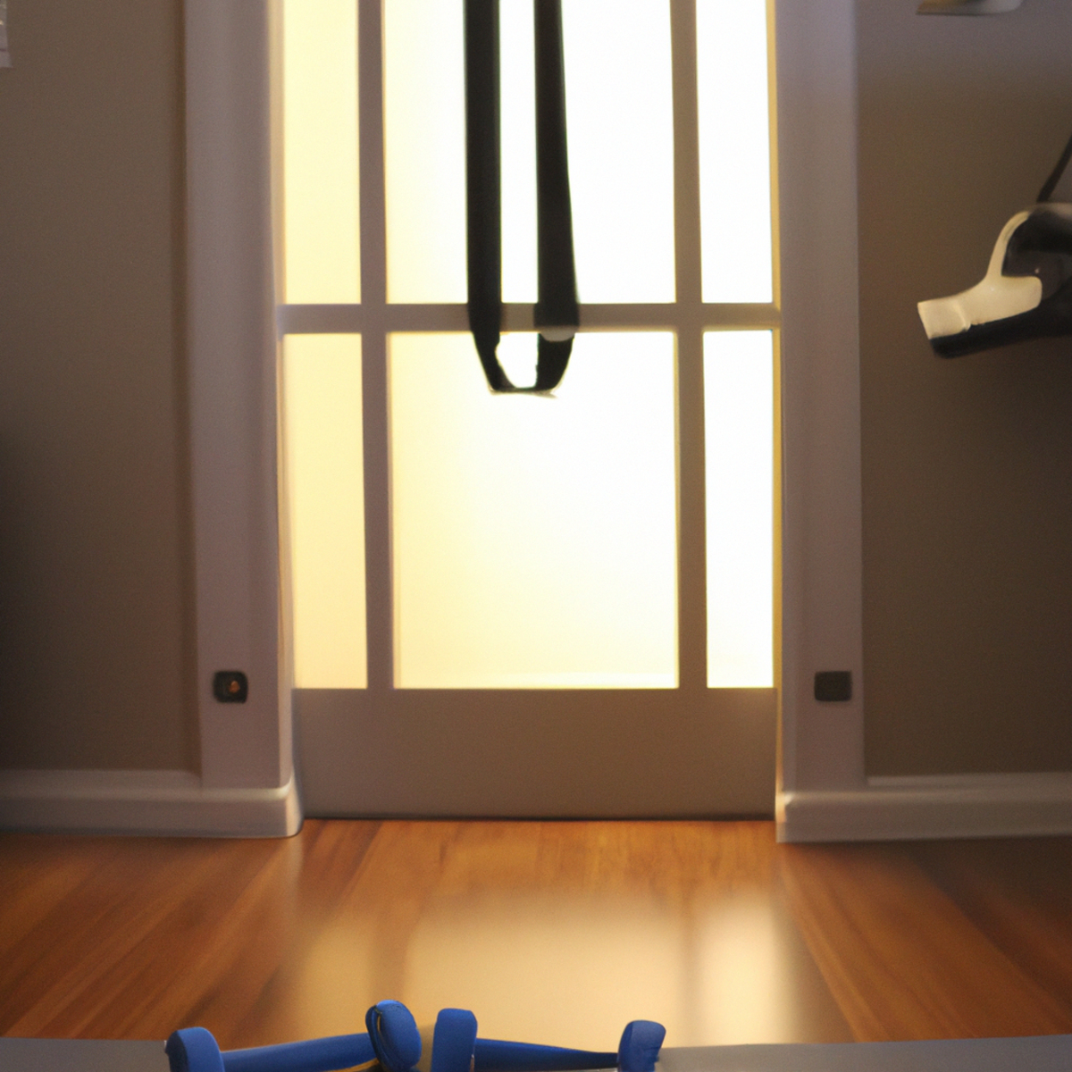 The photo depicts a simple yet effective setup for bodyweight exercises at home. In the foreground, there is a yoga mat laid out on the floor, with a pair of dumbbells resting on it. In the background, there is a pull-up bar mounted on the wall, with a resistance band looped around it. The scene is well-lit, with natural light streaming in from a nearby window, and the objects are arranged neatly and strategically for maximum workout potential. The photo captures the essence of the article's message - that with just a few basic tools and some dedication, anyone can build strength and muscle at home using bodyweight exercises.