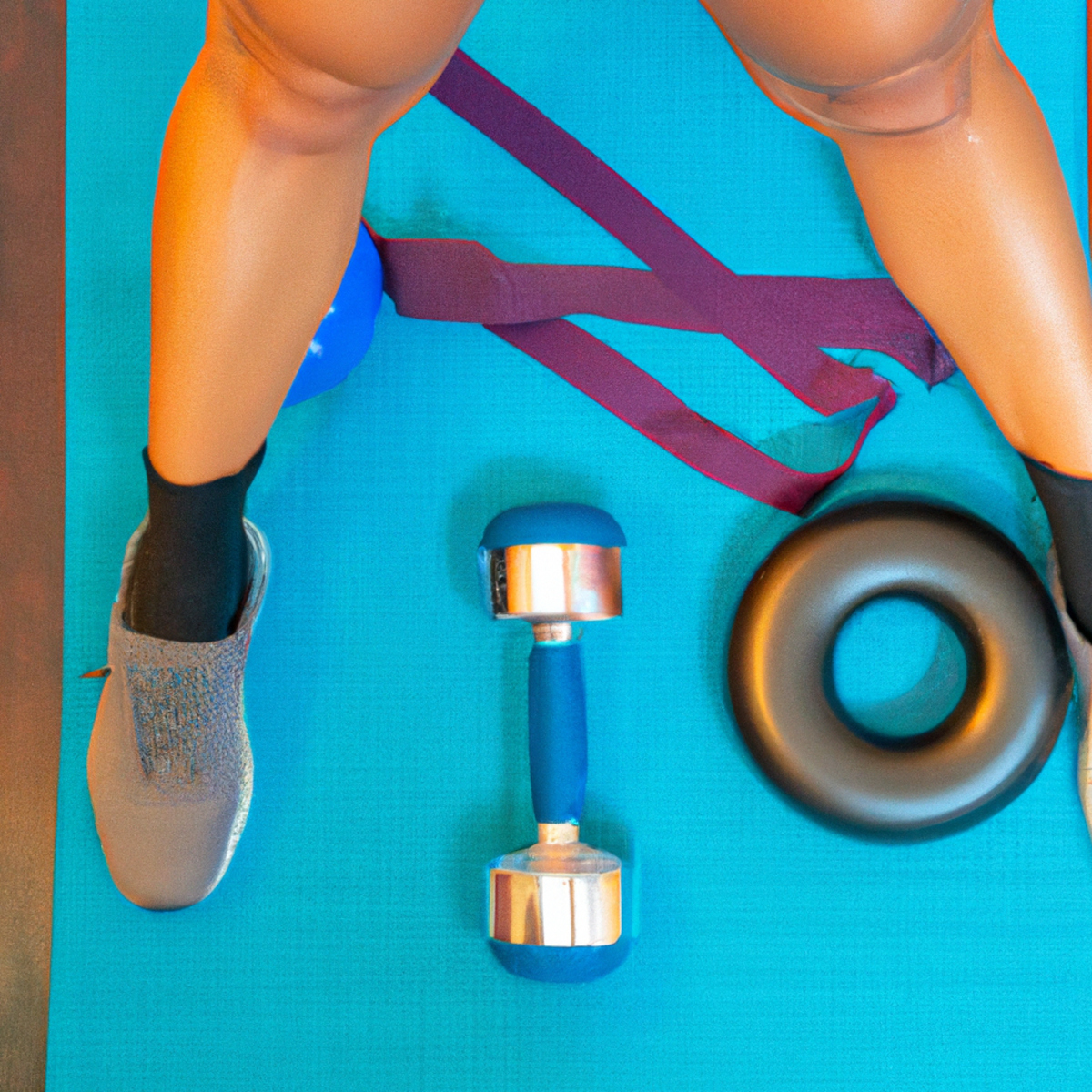 The photo captures a pair of toned legs standing on a yoga mat, surrounded by various objects that are commonly used in bodyweight exercises. In the foreground, there is a resistance band looped around the ankles, ready to be used for leg lifts and squats. A set of dumbbells of varying weights is placed on the mat, indicating the use of weighted exercises for building endurance. In the background, a foam roller and a yoga block are visible, suggesting the importance of stretching and flexibility in a well-rounded leg workout. The lighting is bright and natural, highlighting the definition in the leg muscles and emphasizing the importance of proper form in these exercises.