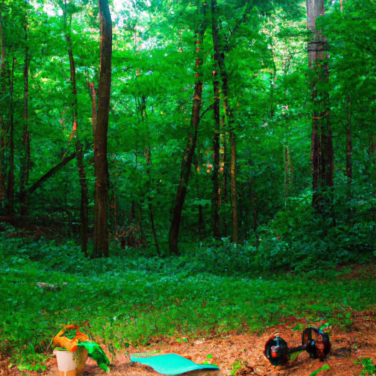 The photo captures a serene scene of a lush green forest with a small clearing in the center. In the foreground, there are various fitness objects scattered around, including a yoga mat, resistance bands, and a set of dumbbells. The objects are strategically placed to blend in with the natural surroundings, giving the impression that they are a part of the environment. The sunlight filters through the trees, casting a warm glow on the scene, and a gentle breeze rustles the leaves, adding to the peaceful ambiance. The photo perfectly encapsulates the idea of getting fit in nature, showcasing the beauty and tranquility of outdoor fitness.