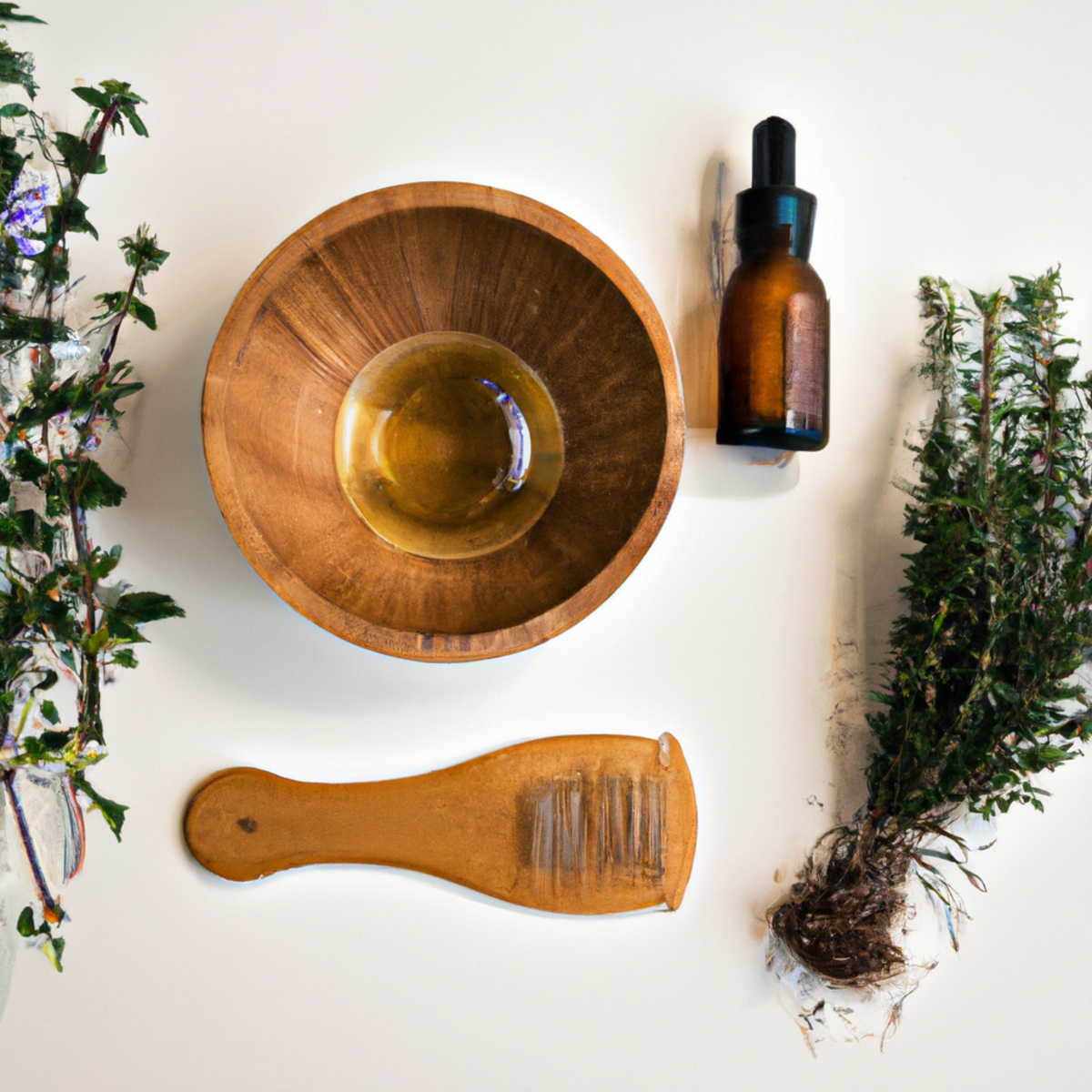 Natural hair growth tools: wooden comb, essential oil, and fresh herbs (rosemary, lavender, thyme) on a surface.