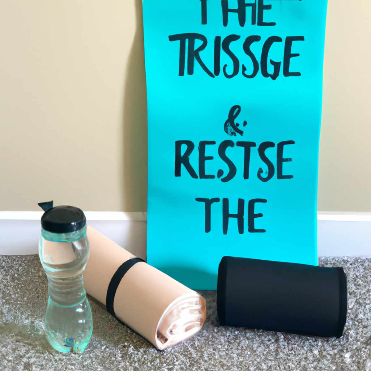 The photo shows a yoga mat on the floor with a pair of dumbbells and a resistance band next to it, perfect for at-home workouts. In the center of the mat, there is a water bottle and a towel. The background is a neutral-colored wall with a motivational quote written in bold letters. The lighting is bright and natural, creating a warm and inviting atmosphere. The objects in the photo suggest that the article will provide a quick and effective abs workout that can be done at home with minimal equipment, catering to those who prefer at-home workouts.