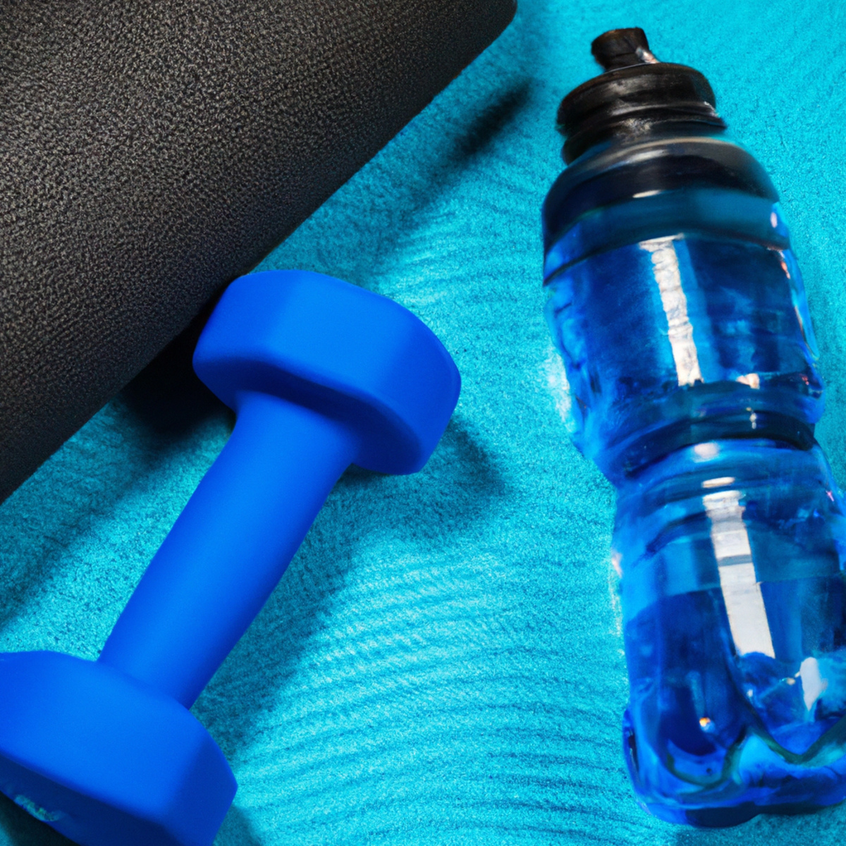 The photo captures a set of dumbbells resting on a yoga mat, surrounded by a water bottle and a towel. The weights are sleek and shiny, with black rubber grips for easy handling. The mat is a vibrant shade of blue, providing a pop of color against the neutral tones of the weights. The water bottle is clear with a blue cap, indicating the importance of staying hydrated during a workout. The towel is neatly folded, ready to be used for wiping away sweat. The composition of the photo suggests a sense of organization and preparedness, encouraging readers to incorporate weights into their at-home workout routine.