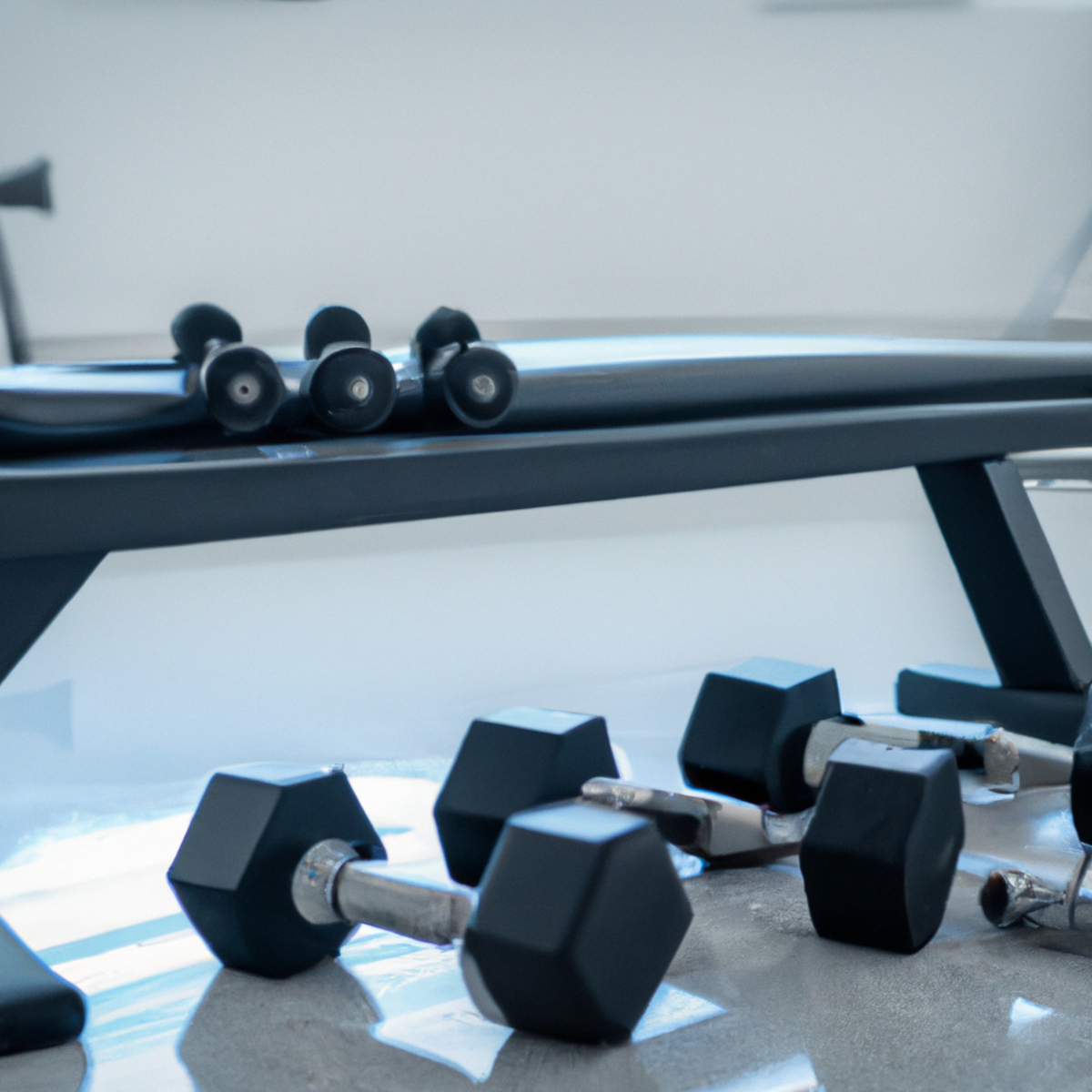 The photo captures a set of dumbbells resting on a weight bench, surrounded by various fitness equipment such as resistance bands, a stability ball, and a foam roller. The lighting highlights the shiny metal of the weights, emphasizing their weight and strength. The composition of the photo draws the viewer's attention to the center of the image, where the dumbbells sit, inviting the reader to imagine themselves picking them up and beginning their own resistance training journey. The overall effect is one of motivation and inspiration, encouraging readers to take the first step towards building stronger and leaner muscles.