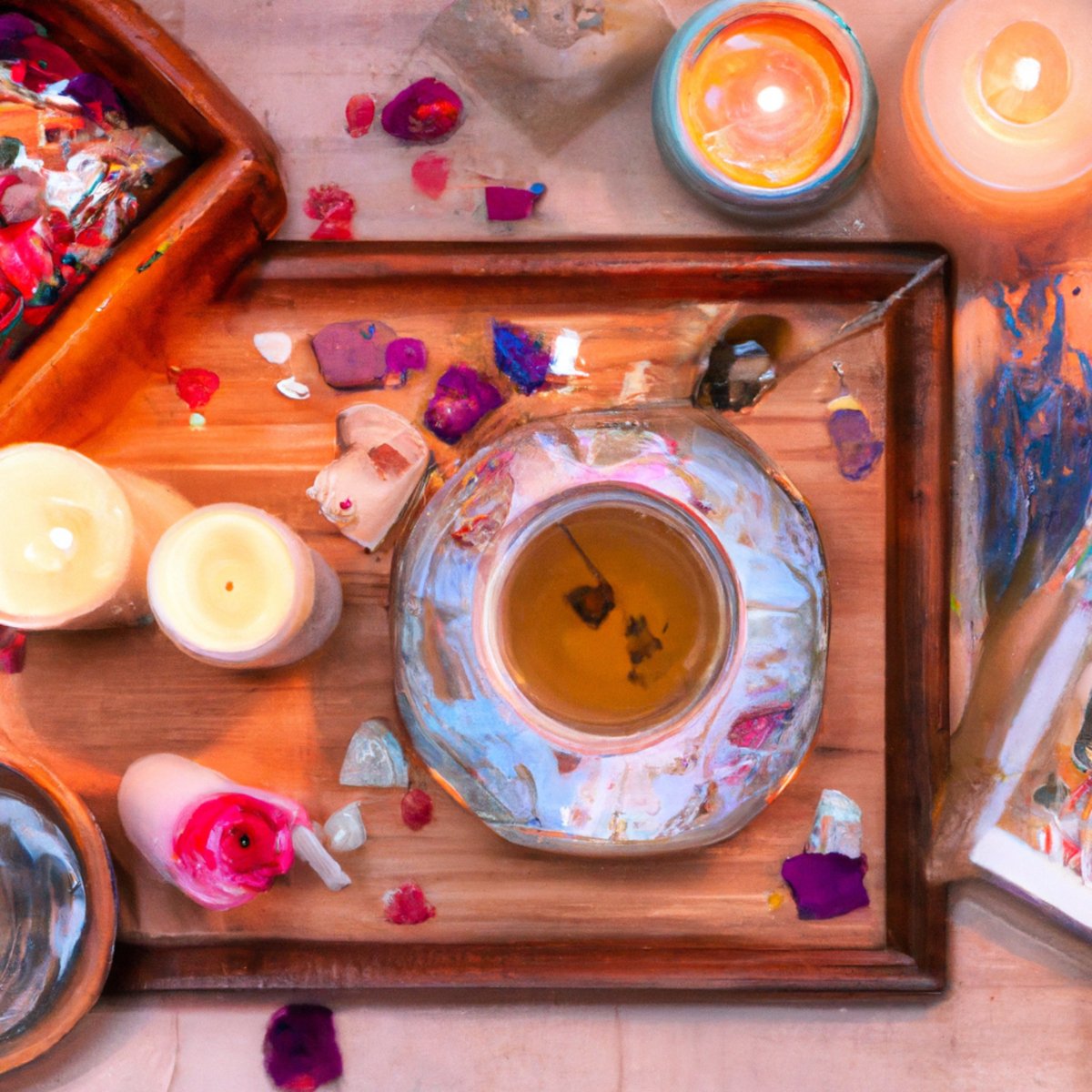 Delicate teacup, rose petals, candle, books, crystal water bottle, silk eye mask, plush cushion, green plant - promoting self-care and inner beauty.