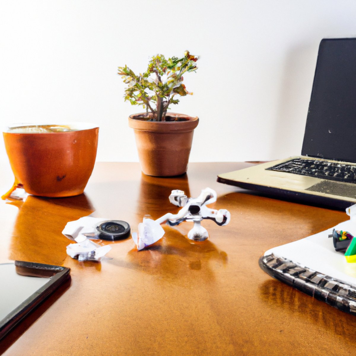 Cluttered desk with coffee mug, papers, laptop, phone, stress ball, fidget spinner, and plant. Soft lamp illuminates busy workload and stress relief.