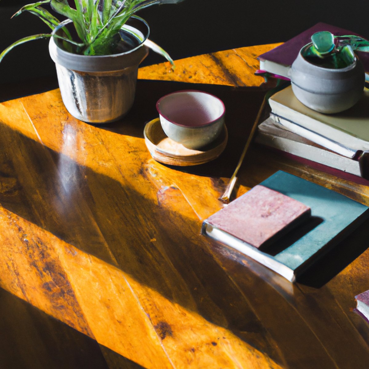 A serene wooden table with a potted plant, books, tea, and a journal, creating a peaceful atmosphere of self-care and balance.