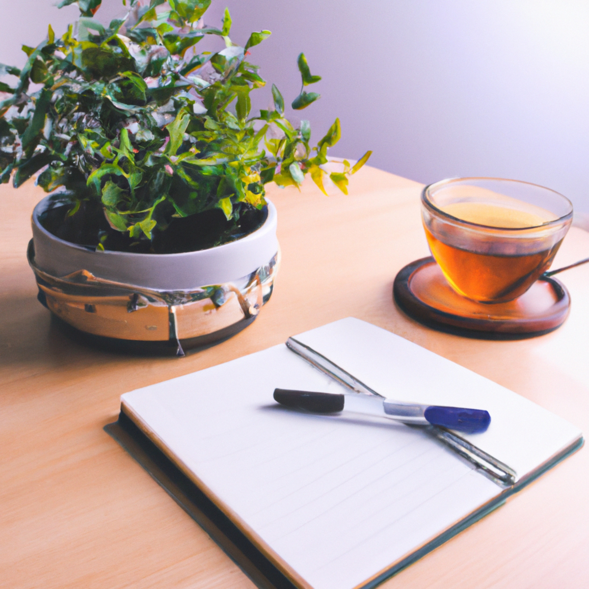 Organized desk with tea, notepad, and pen. Potted plant in background. Calming atmosphere for stress relief.