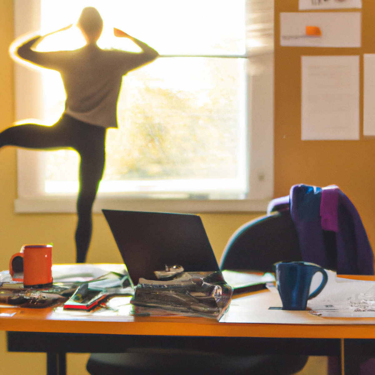 Busy professional's desk with laptop, papers, coffee, phone, yoga mat, and running shoes. Person stretching in background.