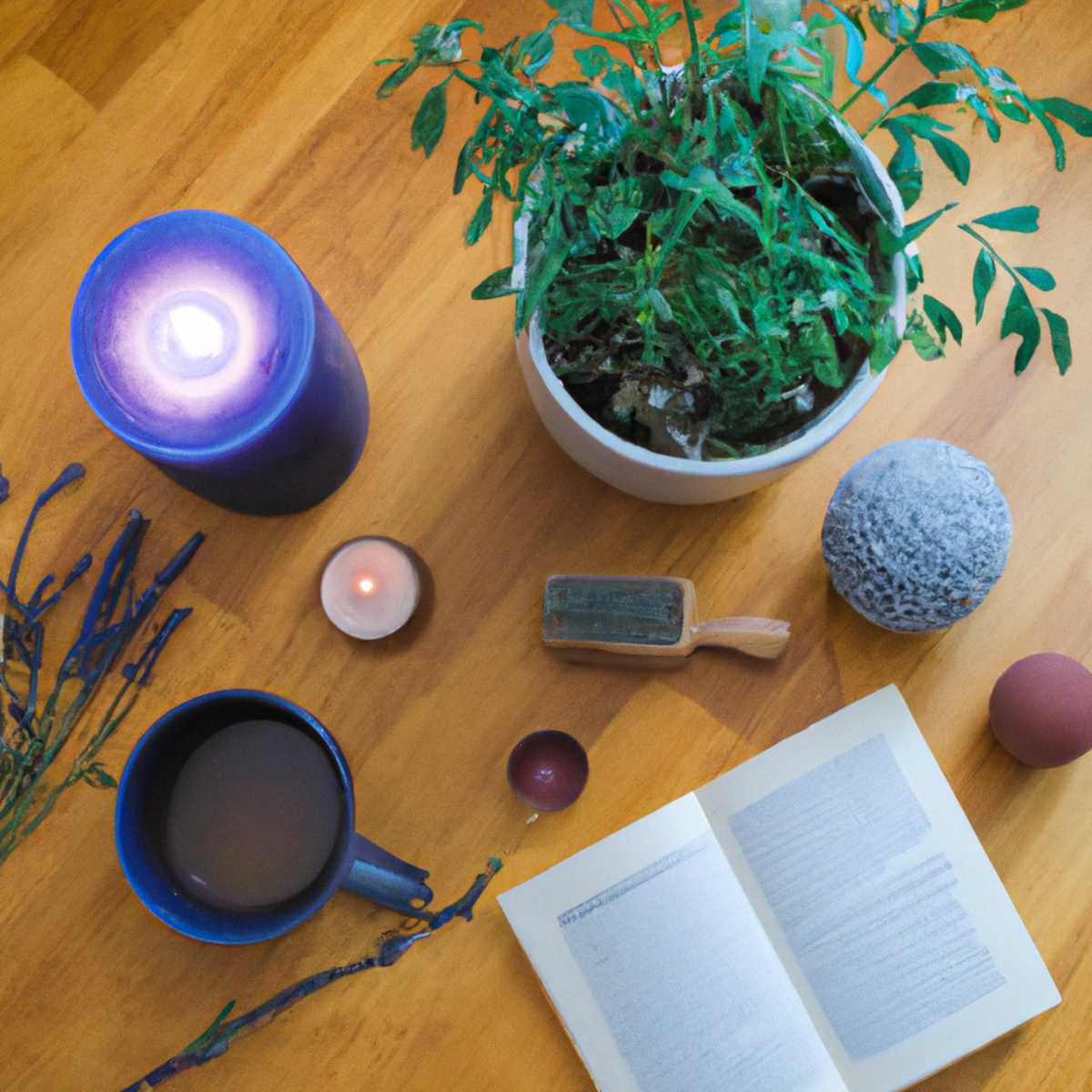 Effective stress management strategies - Calming scene with plant, book, tea, stress ball, and candle. Natural stress relief techniques.